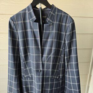 Banana Republic Navy White Windowpane Plaid Flare Sleeve Blazer